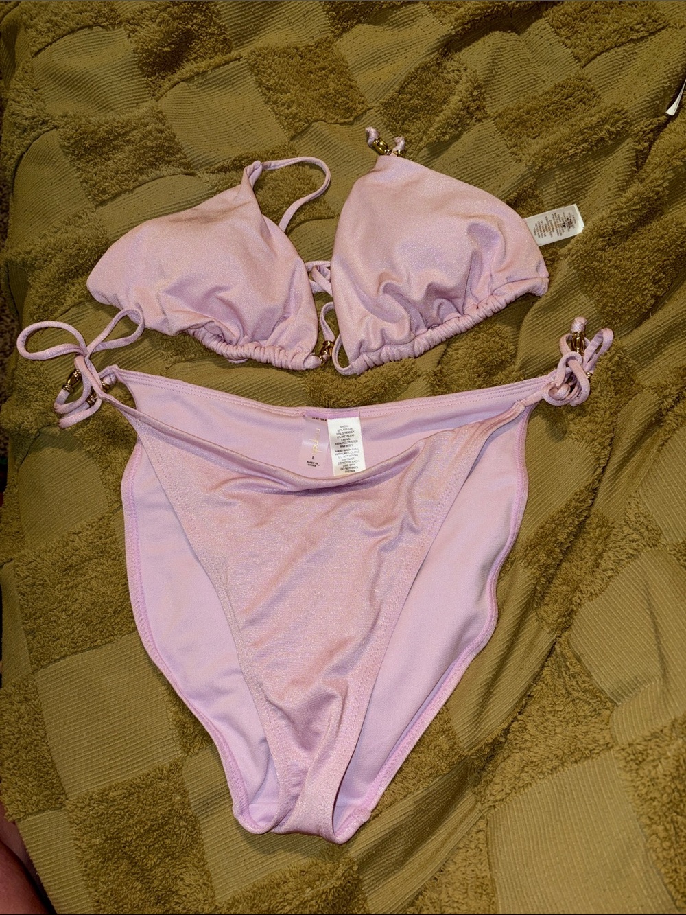 NWOT. Women's Light Pink Triangle Bikini Set - Classic Tie Sides